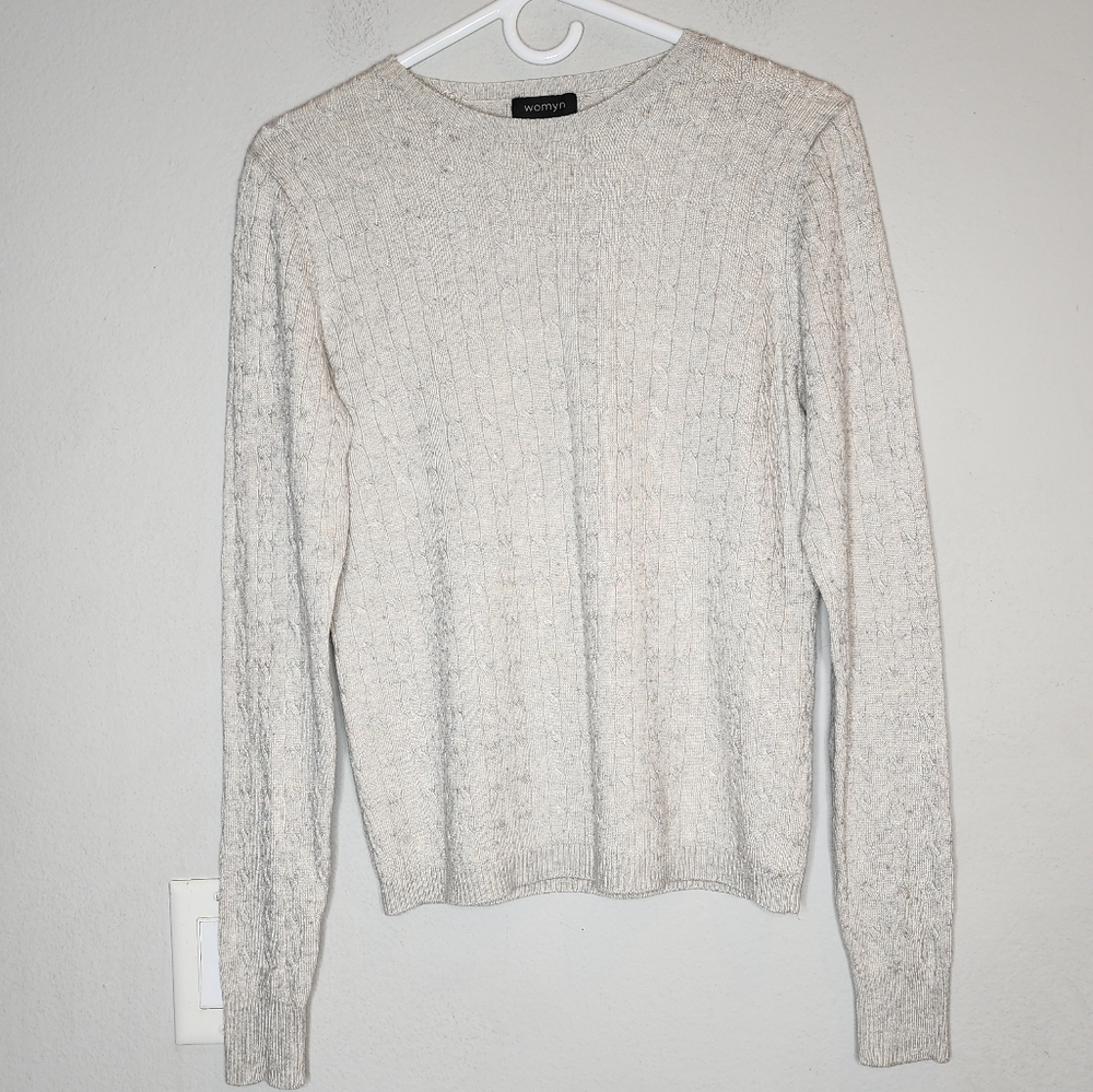 Womyn Silk Cashmere Blend Grey Cable Knit Lightweight Sweater Size Small